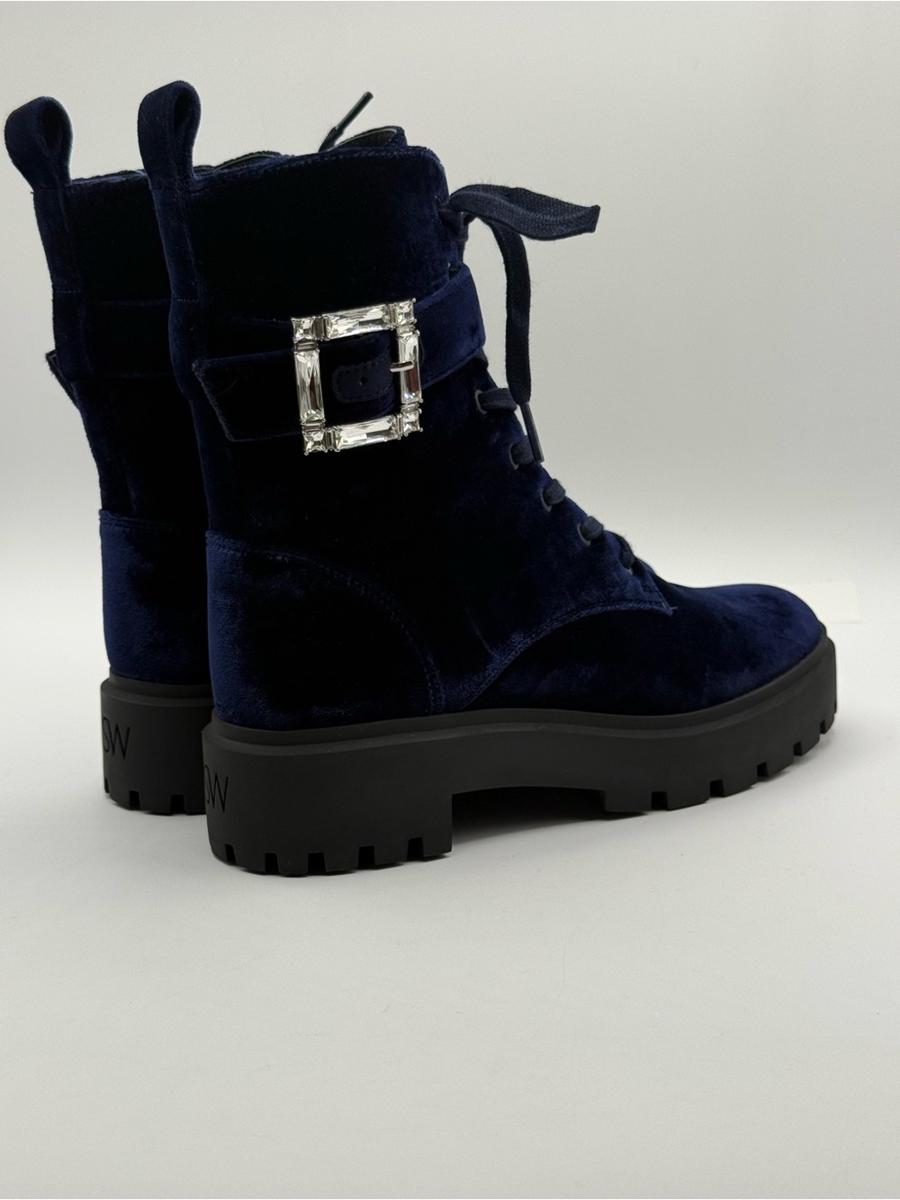 Stuart Weitzman June Velvet Combat Boots Navy Blue Chunky Lug Sole Buckle - Picture 14 of 17